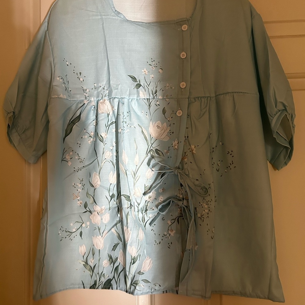 Light Blue Floral Button-Front Blouse with Side Tie Detail
